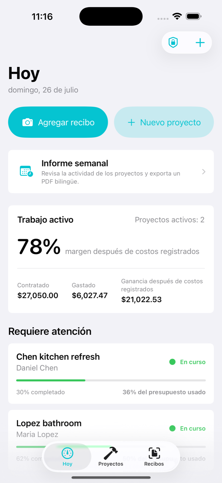 Pantalla Hoy de CostNota con acciones de recibos y proyectos