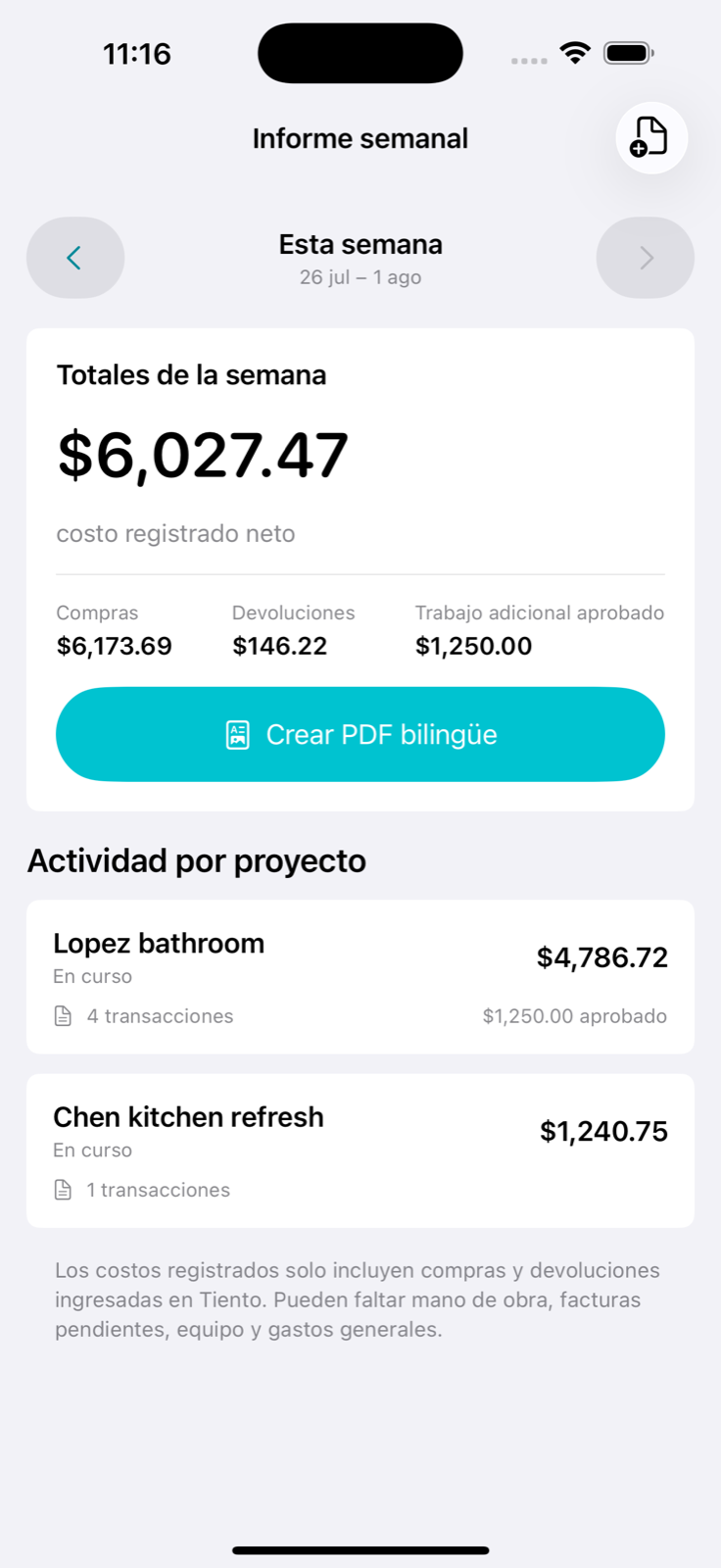 Informe semanal de proyectos en CostNota